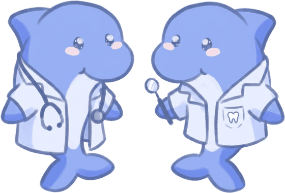 Roro, the Cutline mascot, twice: once in a doctor’s coat and once in a dentist’s