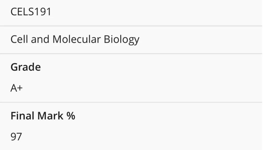CELS191 final grade: A+ · 97, cropped from eVision