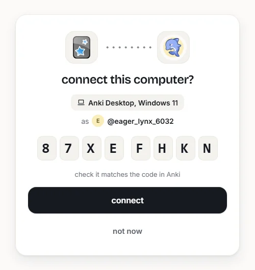 Cutline: connect this computer? The eight letter code from Anki and a connect button