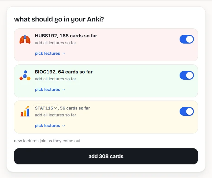 Cutline: what should go in your Anki? HUBS192, BIOC192 and STAT115 switched on, add 308 cards
