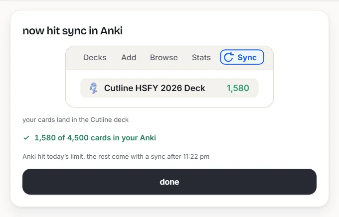 Cutline: now tap Roro in Anki, the cards land in the Cutline HSFY 2026 Deck