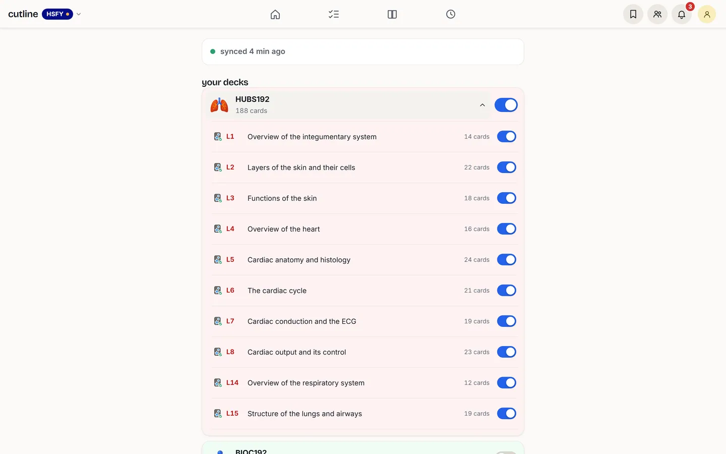 Cutline Connect: HUBS192 synced to Anki, every lecture switched on with its card count