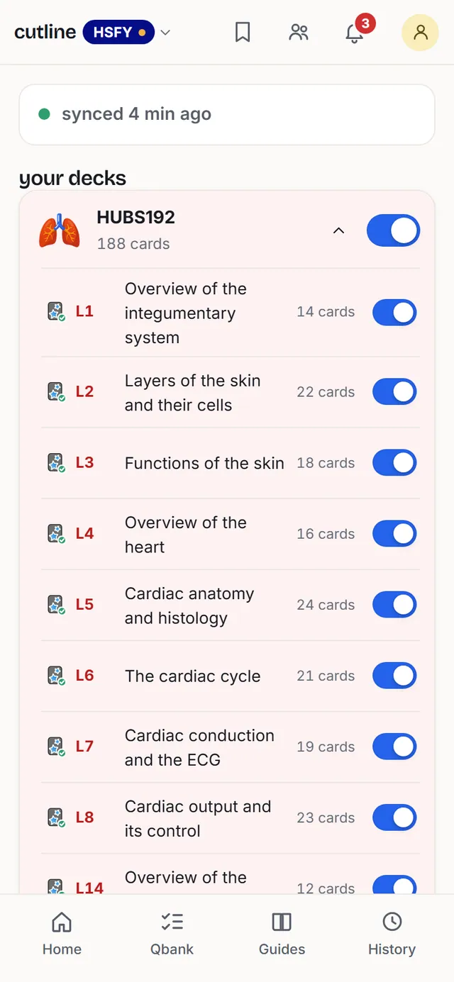 Cutline Connect on a phone: HUBS192 synced to Anki, every lecture switched on