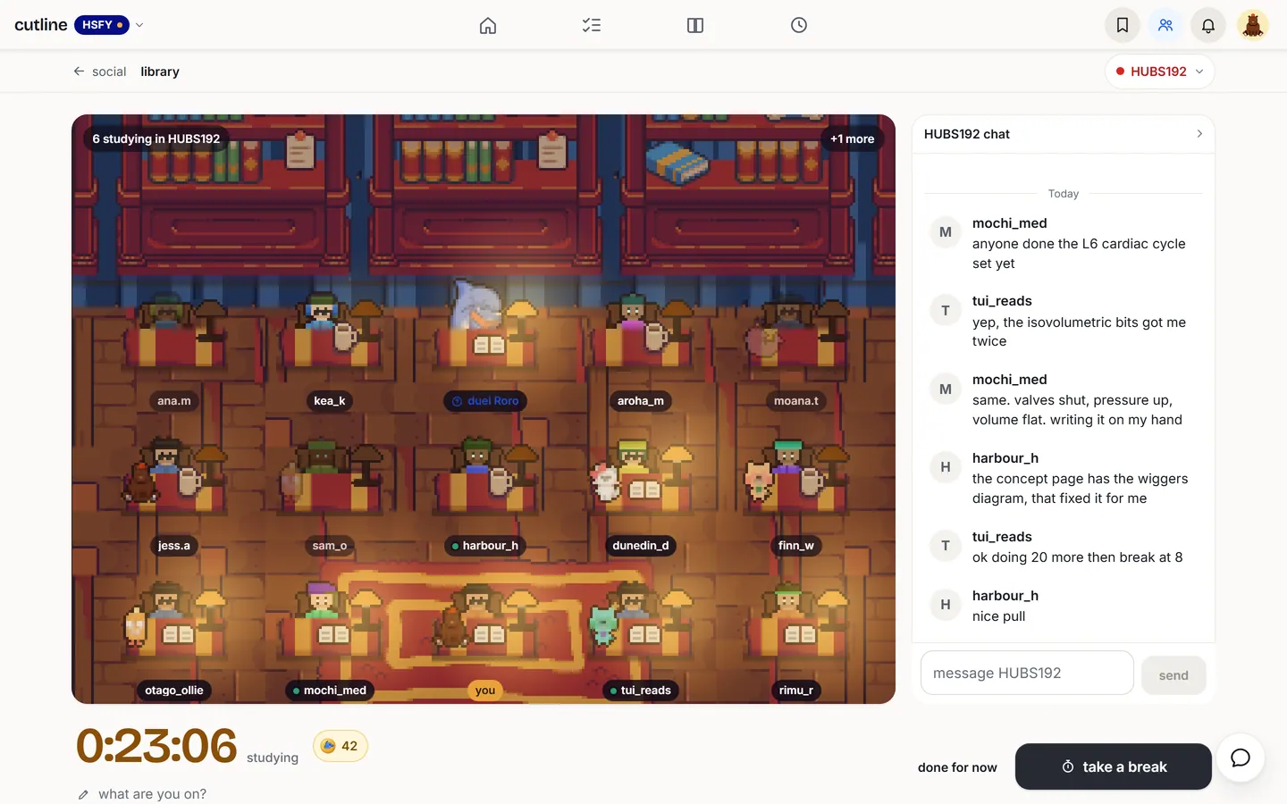 The library: a pixel study hall with 14 students at desks in the HUBS192 room, your desk front and centre, a study clock and your ro-coins under it