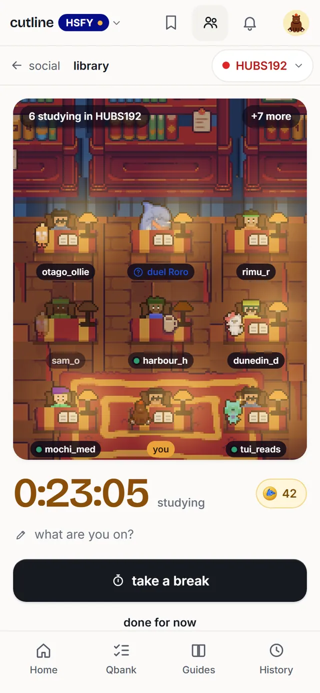 The library on a phone: the study hall, your desk, the clock and your ro-coins