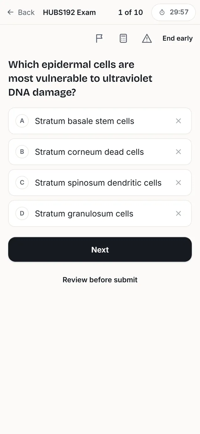 A HUBS192 mock on a phone: question 1 of 10 with the clock running