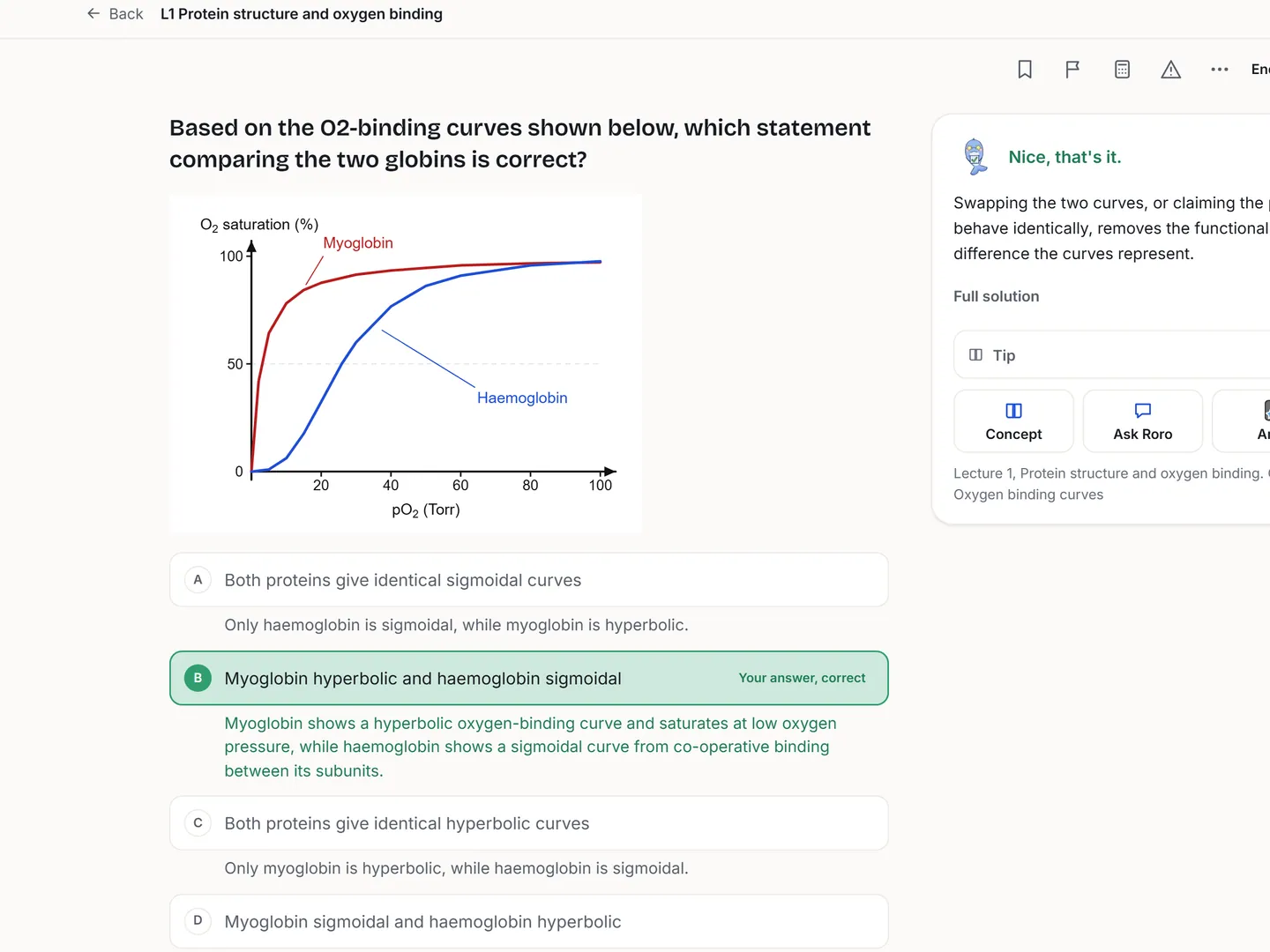The same question checked: the right option in green with a line under each option saying why