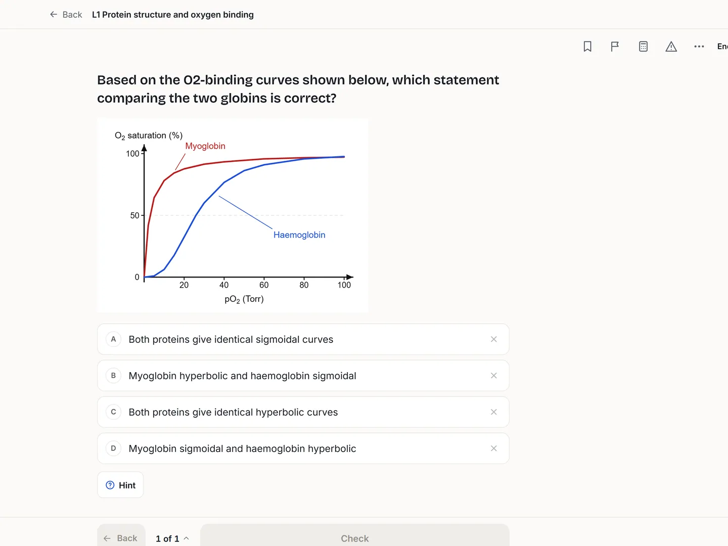 The question runner: a BIOC192 question with an oxygen binding curve for myoglobin and haemoglobin above four options