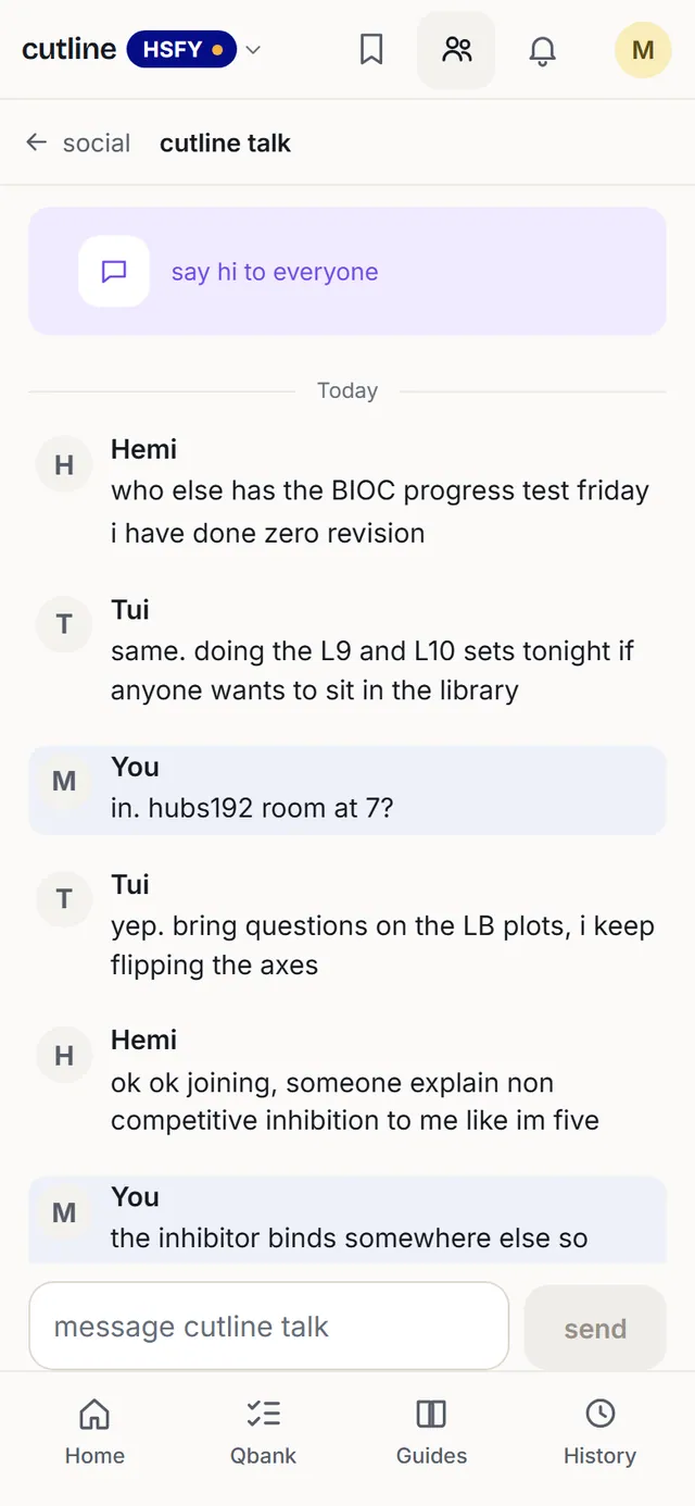 cutline talk: students arranging to meet in the HUBS192 room before the progress test