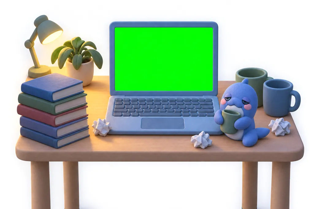 Exam night: the lamp on, a stack of books, a sleepy Roro with a mug